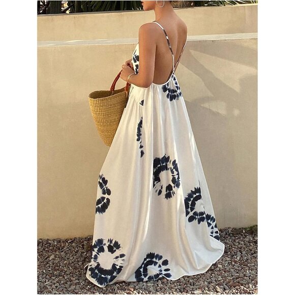 Women's Boho Floral Print Maxi Dress Sleeveless Backless Tie Front Summer - Picture 4 of 5